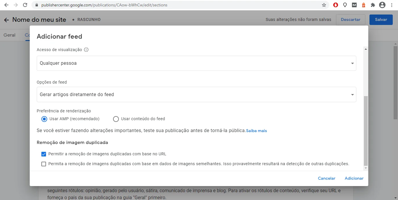 Confirguração de conteúdo exibição no Google Notícias